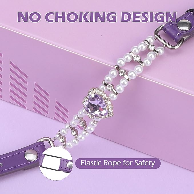 EXPAWLORER Cat Collar Leather with Bell and Safety Elastic Belt,Personalized Rhinestones Bling Adjustable Collars for Cats Kitty and Small Dogs,Pearl cat Collar Purple (Pearl)