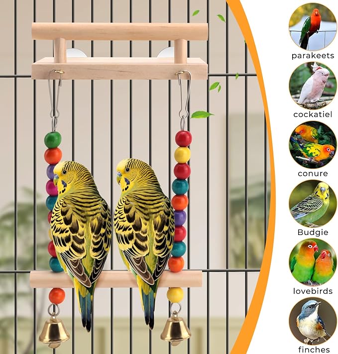 Natural Wood Bird Perch Swing - Cage Platform for Budgies, Cockatiels, Parakeets & Small Birds - Adjustable Play Rest Gym