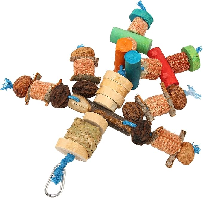 Parrot Chew Toy, Wood, Corn Cob and Nut, Non Edible Coloring, Beak Health, Foraging Toy for Macaws, Conures, Amazons