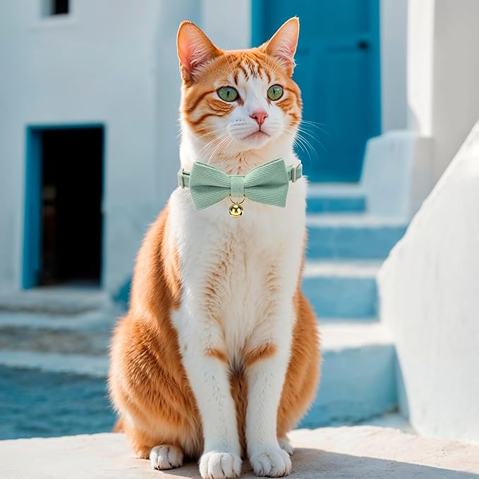 Cotton Breakaway Cat Collar with Bow Tie and Bell, Adjustable Cute Soft Corduroy Kitten Collars for Girl and Boy Cats