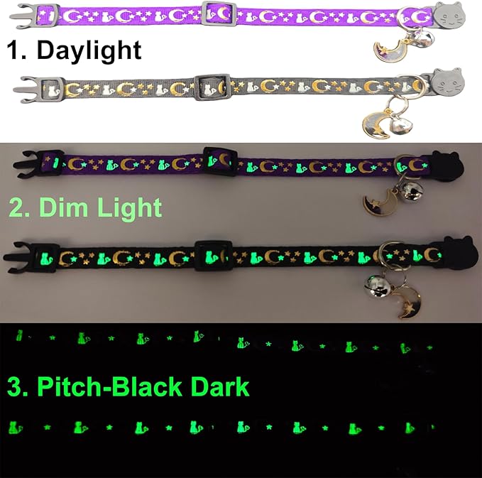 2 Pack Breakaway Cat Collars, Glow in Dark with Bell & Moon Star Pendant, Safety Buckle Kitten Collars Adjustable from 6.9-10.7" (Black/Purple)