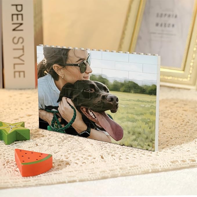 NAZENTI Custom Pet Memorial Photo Building Block gifts for Dog Lover, Personalized Dog & Girl Watercolor Photo Block for Dogmom, Pets Puzzle Gift for Birthday, Custom Home Decor for Family
