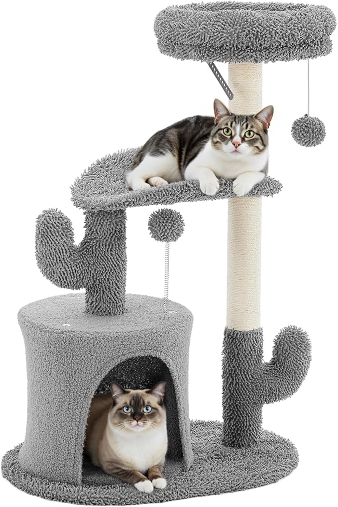 33 Inch Small Cat Tree Tower, Cat Tree with Curved Bed, Cat Tower with Scratching Post and Cozy Condo for Indoor Kittens and Cats, Grey