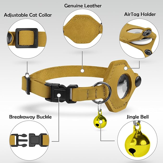 Breakaway Airtag Cat Collar with Removable Bell - Leather Pet Collar with Apple Air Tag Holder - Adjustable GPS Collars for Girl Boy Cats Kitten Puppy - Lightweight, Cute and Comfortable (Yellow)