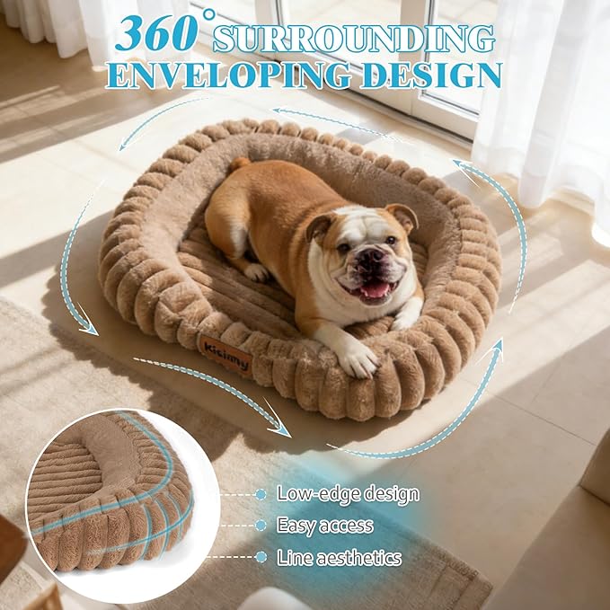 Cute Dog Bed for Medium Size Dog, Calming Medium Dog Cat Bed with Anti-Slip Bottom, Washable Soft Faux Fur Pet Bed, Rectangle Puppy Bed with Handle for Indoor Pets, 30" x 24" x 5", Brown