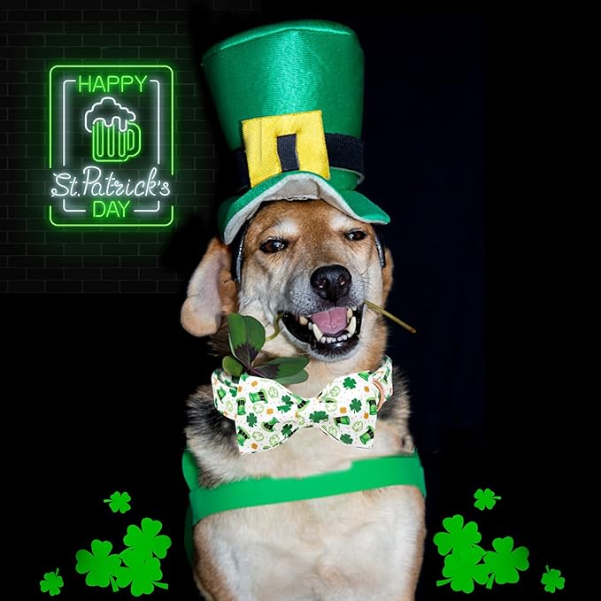 Lionheart glory Dog Bow Collar St. Patrick's Day Dog Collar for Large Dogs, Adjustable Green Collars Lucky Clover Shamrock Dog Collar with Bowtie Pet Collar Bows