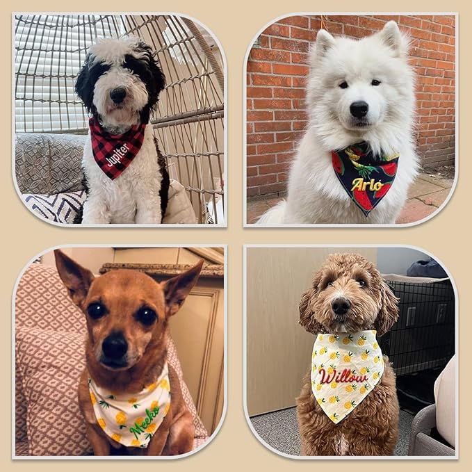 Personalized Dog Bandana Embroidered Name Custom Neckwear Dog Scarf Triangle Bibs Kerchief Pet Costume Accessories for Small Medium Large Dogs Cats Pets Birthday Gift Fresh Fruit Series
