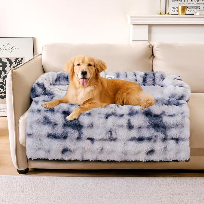 FUNNY FUZZY Pet Fluffy Fuzzy Calming Dog Couch Bed Sofa Protector Washable Pets Mat for Large Medium Small Dogs and Cats (Tie-dye Blue, 37"×31"×5.5")