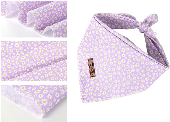 Lionet Paws Spring Daisy Dog Bandana Washable Cotton Handkerchief Scarf Triangle Purple Bandana for Small Medium Large Dogs Girl Boy