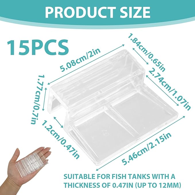 15 Pcs Rimless Aquarium Lid Clips for 11-12mm Glass, Clear Acrylic Aquarium Cover Support Clamps for Fish Tank Lid Holder, Plastic Tank Top Clips for Glass Canopy or Piscine Hoods and Covers