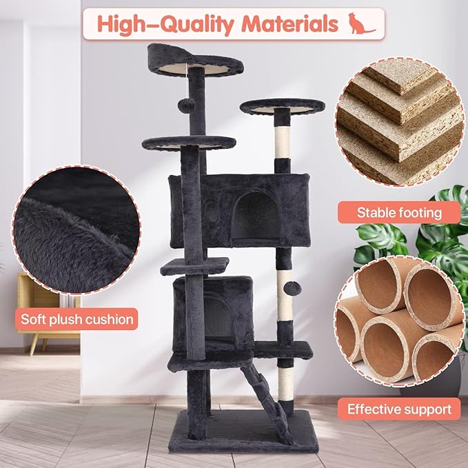 Large Cat Tree with Scratching Post, 54in, Wooden Frame, Sisal Ropes, 3 Platforms, 2 Hanging Balls, 2 Cushions, Light Gray