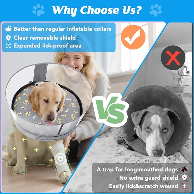 Inflatable Dog Cone with Anti-Licking Clear Shield, Protective Dog Donut Collar After Surgery, Adjustable Soft Recovery Cone for Pets, Alternative Collar with Buckle Strap (Grey Paw, XL)