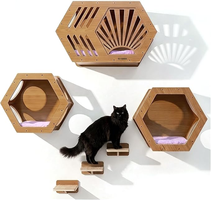 Modern Hexagonal Cat Wall Shelf System, 6-Piece Wood Wall Mounted Cat Furniture with 2 Small Hexagons, 1 Large Hexagon and 3 Climbing Steps, Geometric Cat Shelves