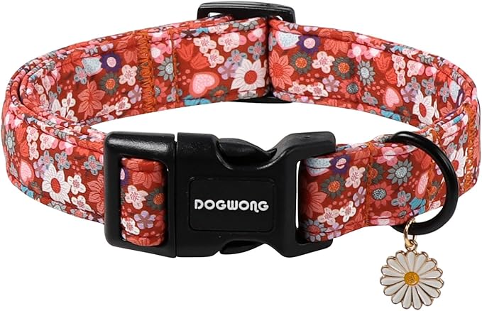 DOGWONG Red Flower Dog Collar, Cute Adjustable Floral Collar, Girl Female Dog Collar with Strong Plastic Buckle for Small Medium Large Dogs,S