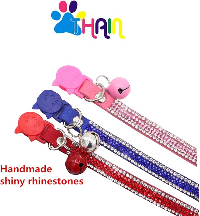 THAIN Basic Adjustable Cat Collar Bling Diamond Breakaway with Bell for Kitten Girl boy (Blue)