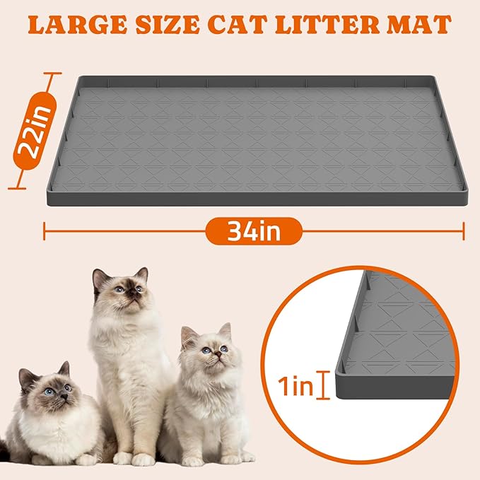Pawtners Large Cat Litter Mat for Litter Box 2 Packs, 34" x 22" Waterproof Silicone Pad for Floor, Easy to Clean, Gray