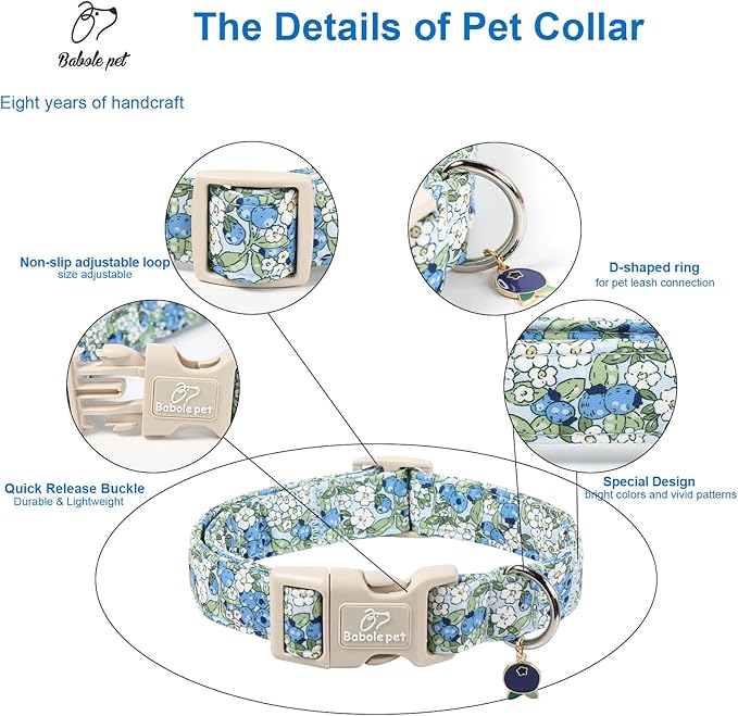 Blueberry Pattern Dog Collar, Cute Light Blue Spring Summer Puppy Collar - Soft Adjustable Designer Dog Collars for Small Medium Large Dogs XS