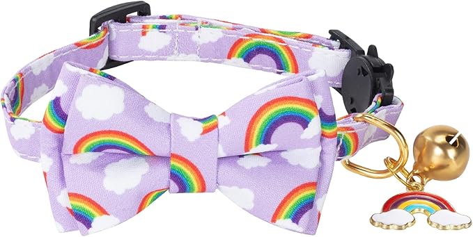 Breakaway Cat Collar with Cute Bow Tie Bell 2Pack Rainbow Butterfly Pattern for Male Female Soft Cotton Kitty Kitten Collar Cute Summer Collars Ideal for Girl Cats Boy Male Cats
