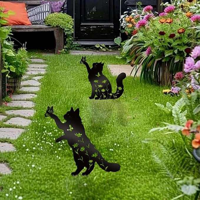 Bnesi Floral Long-Haired Cat Yard Decor Pet Grave Markers Metal Sign Silhouette Garden Ornament Pet Grave Markers Outdoor Cat Memorial Gift Flowerbed Decor (Lively)