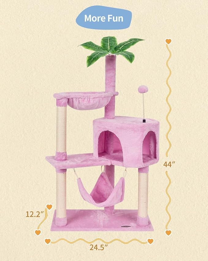 KIYUMI Cat Tree Cat Tower Condo with Sisal Scratching Post for Indoor Cats Tree Furniture with Hammock Perch and Kitten Ball Toys, Multi-Level Pet Activity Center Pink