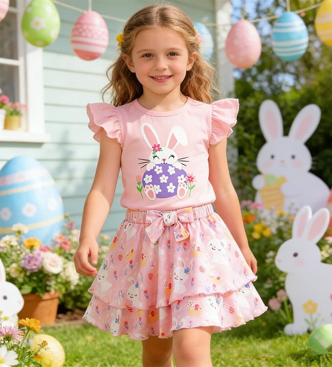 Girls Skirt Set 2 Piece Outfit Toddler Summer Clothes Ruffle Sleeve T-Shirt Bow Knot Tutu Skirt Outfit Set