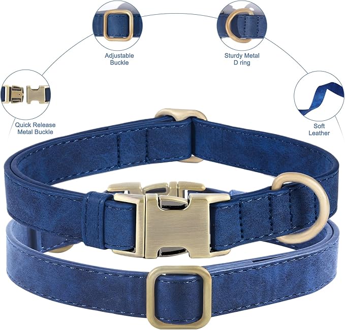 Genuine Leather Dog Collar - Adjustable Pet Collar with Quick Release Metal Buckle, Soft Skin Friendly Real Leather Collar for Small, Medium, Large Dogs (Blue Collar + Rope, M：Fit 12-20" Neck)