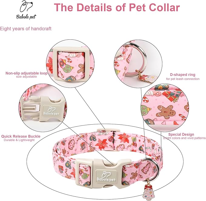 Christmas Dog Collar - Cute Pink Cozy Christmas Puppy Collar with Safety Buckle, Soft Adjustable Holiday Dog Collars for Small Medium Large Dogs M