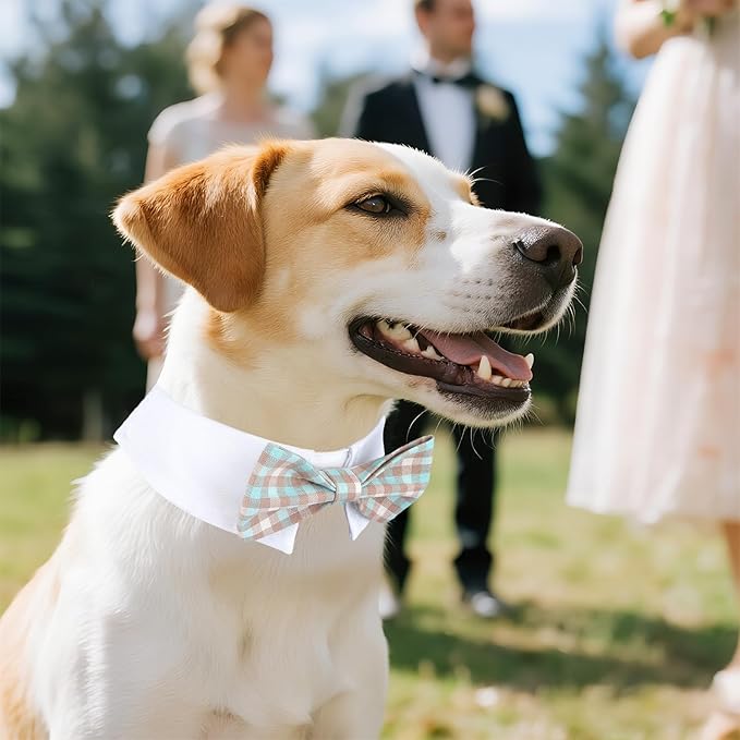 Segarty Dog Bow Tie Neck Girth 10.2-12.6in, Adjustable Blue Khaki Plaid Bowtie Collar for Dog, Medium Necktie Tuxedo Comfortable Cotton Pet Grooming Accessory for Formal Wedding Holiday Birthday Party