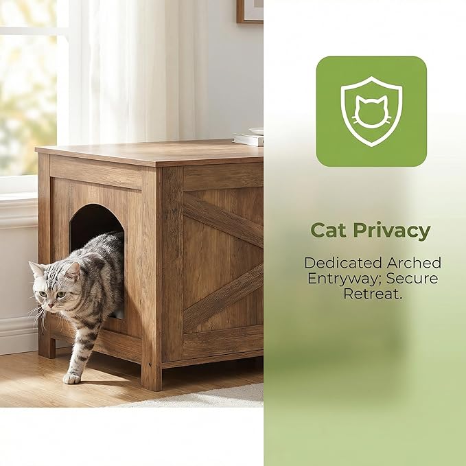 Homhedy Cat Litter Box Enclosure, Wooden Cat Washroom Furniture with Barn Door, Pet House, Fit Most of Litter Box, Rustic Walnut