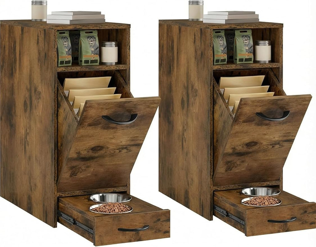 DWVO 30.6" Dog Feeding Station with Storage, Tilt-Out Dog Food Cabinet with 4 Feeder Bowls, Pull Out Elevated Dogs Bowl, Rustic Brown