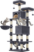Feandrea Cat Tree, 66.1-Inch Large Cat Tower, Multi-Level Plush Condo with 13 Scratching Posts, 2 Perches, 2 Caves, Basket, Hammock, Pompoms, Smoky Gray UPCT165G01
