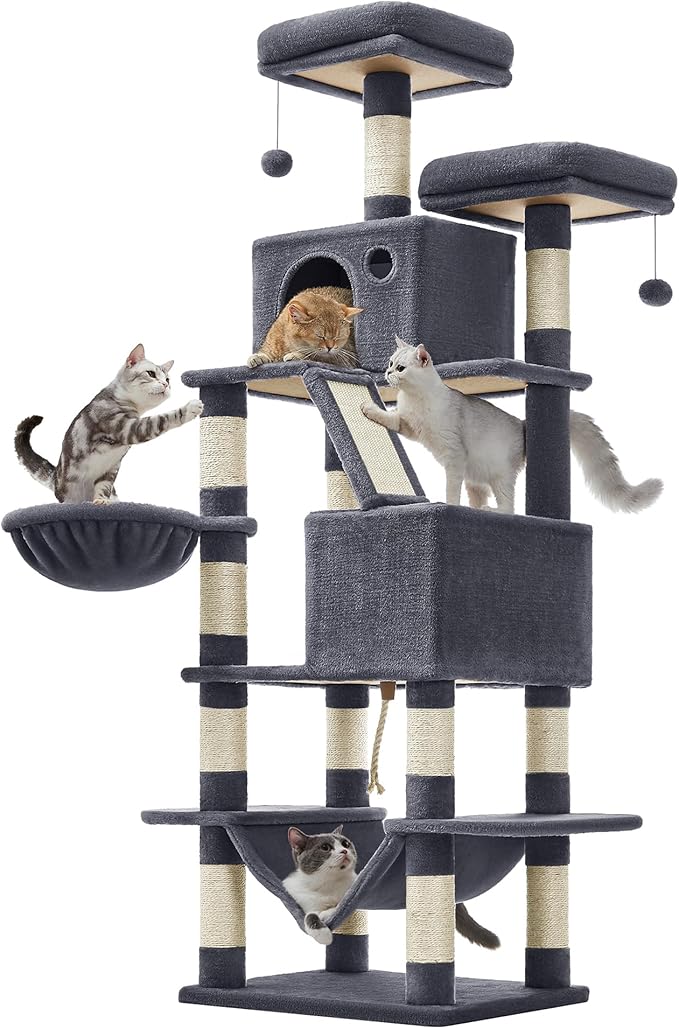 Feandrea Cat Tree, 66.1-Inch Large Cat Tower, Multi-Level Plush Condo with 13 Scratching Posts, 2 Perches, 2 Caves, Basket, Hammock, Pompoms, Smoky Gray UPCT165G01