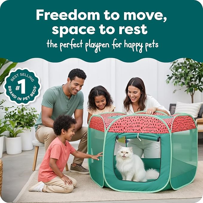 FurHaven Portable Pet Playpen for Dogs & Cats, Foldable Kitten Playpen with Mesh Sides, Pop Up Travel Dog Pen, Large, Green & Pink