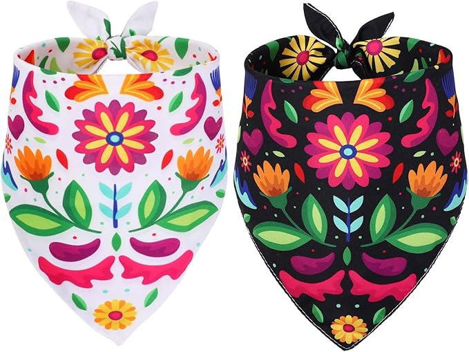 Whaline Mexican Dog Bandana Floral Dog Bandana Cinco De Mayo Fiesta Pet Scarf Double-Sided Adjustable White Black Flower Pet Neckerchief for Small Medium Large Cat Dog Carnival Accessories, 2 Pack