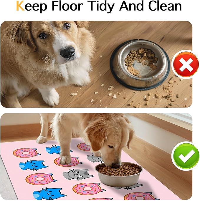 Cat Feeding Mat 24x16 inch Donut Cat Print Pet Bowl Placemat Non Slip Floor Mat for Food and Water Indoor Kitty Feeding Station Cute Meal Pad for Small Pets Kitchen Use