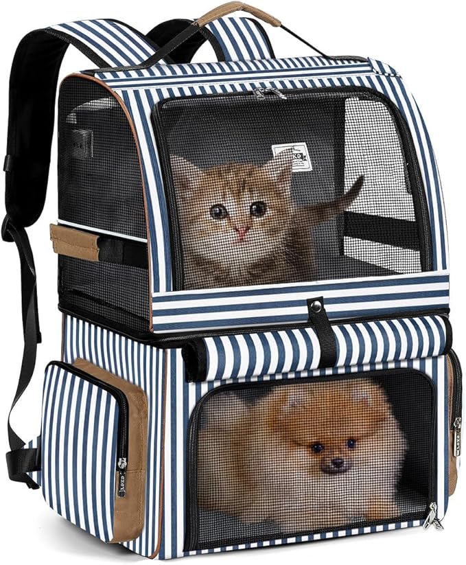 Lekebobor Double Cat Backpack Carrier for 2 Cats, Double-Compartment Pet Carrier Backpack for 2 Small Cat or One Medium Cat, Cats Carrier Backpack Dog Carrier Backpack Fits Up to 24 Lbs,Blue Striped