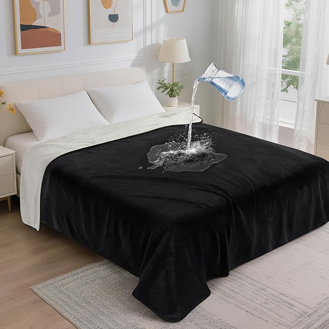 LOOBANI Waterproof Blanket for Bed: Reversible Soft Flannel Twin Bed Blanket 60" x 80", Leakproof Throw Spill-Proof Dog Pet Blanket for Couch, Sofa Protect, Movie Time, Camping, Travel, Black & Beige