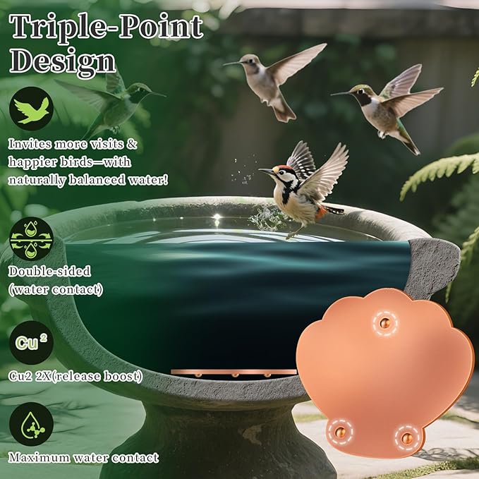 Bird Bath Copper Disk 2 Pack, 99.9% Pure Copper with 3-Point Support Design Enhances Water Purity, Less Cleaning Frequency for Outdoor Bird Baths & Bowls, Safe for Birds Whole Year