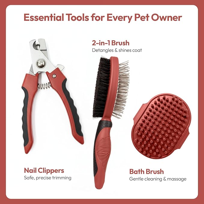 PW Pet Grooming Tools for Dogs & Cats- Safe On Skin Easy To Use Dog Grooming Kit with Ergonomic, Non-Slip Handle– Includes Pet Nail Clippers, 2-in-1 Slicker Brush & Hand-Held Bath Brush- Paw Mountain