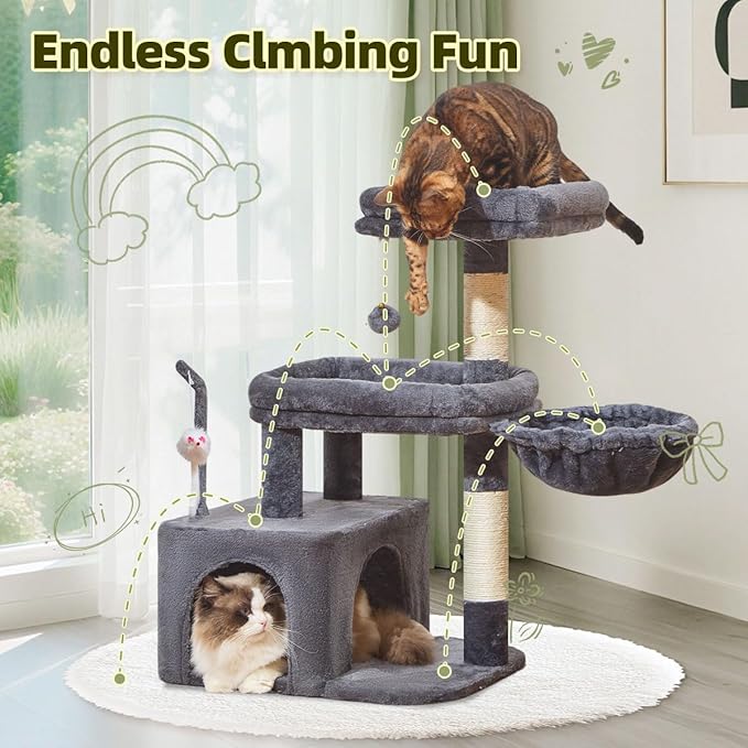 Taoqimiao MS043G Cat Tree, 32.2-Inch Cat Tower for Indoors Cats, Cat Condo with Large Cat Perch, Spacious Cat Cave, Scratching Posts for Small and Medium Cats, Smoky Gray