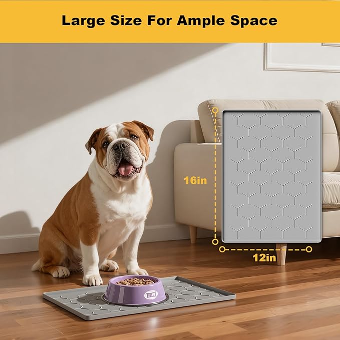 Pieviev 16''x12'' Dog Cat Food Bowl Mat, Silicone Waterproof Food Grade Pet Food Mat for Floor, High Raised Edge to Prevent Spills, Non-Slip & Easy Clean Pet Placemat for Dog & Cat Bowls, Light Gray