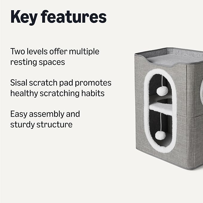 Amazon Basics 2-Cube Cat House with Sisal Scratch Pad and Dangle Toy, Grey