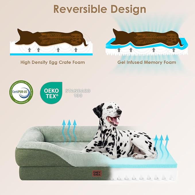 EHEYCIGA Orthopedic Dog Bed for Medium Dog, 35x22x6.5 Inch Memory Foam Dog Couch Bed with Sides, Waterproof Liner & Washable Removable Cover, Bolster Pet Sofa, Green