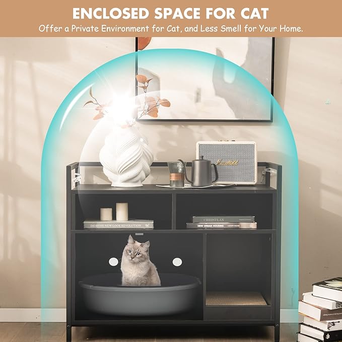 Giantex Cat Litter Box Enclosure - Cat Washroom Hidden Furniture with Front Entry, Scratcher, 2-Door Storage Cabinet, 2 Compartments, Air Vents, Metal Frame, Wooden Pet Crate House (Black)