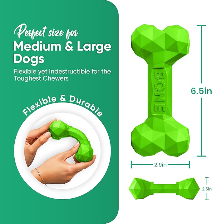 Natural Rubber Dog Chew Bone – Treat-Dispensing, Tough & Indestructible Chew Toy – Safe for Aggressive Chewers – Dental Health & Boredom Relief (Green)