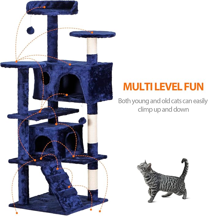 Multi-Level Cat Tree Tower with Condos, 54" Tall Cat Activity Center with Plush Perches and Toys, Space Saving Pet Playhouse for Kittens and Cats (Blue)