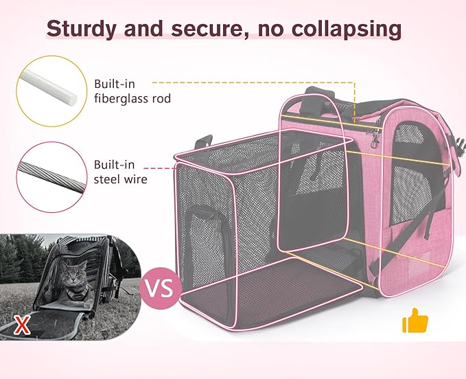 Pecute Cat Backpack Carrier Expandable, Pet Backpack for Cats & Small Dogs Up to 11lbs, with 4-Side Breathable Mesh, Multi-Entry & Lockable Zippers for Travel, Hiking, Camping - Hands Free, Pink