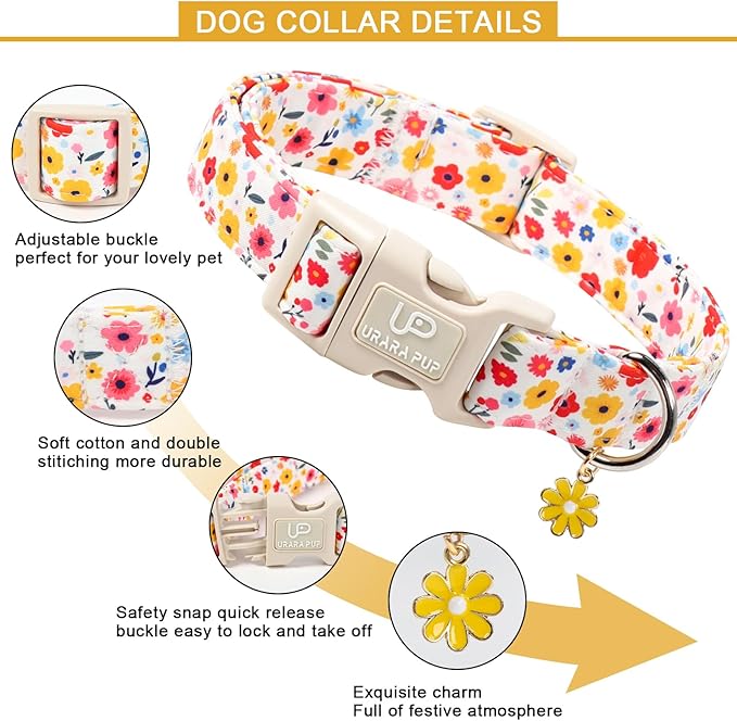 Floral Dog Collar, UP URARA PUP Colorful Floral Adjustable Pet Collar with Flower Charm, Spring Daily Dog Accessories for Small Medium Large Dogs