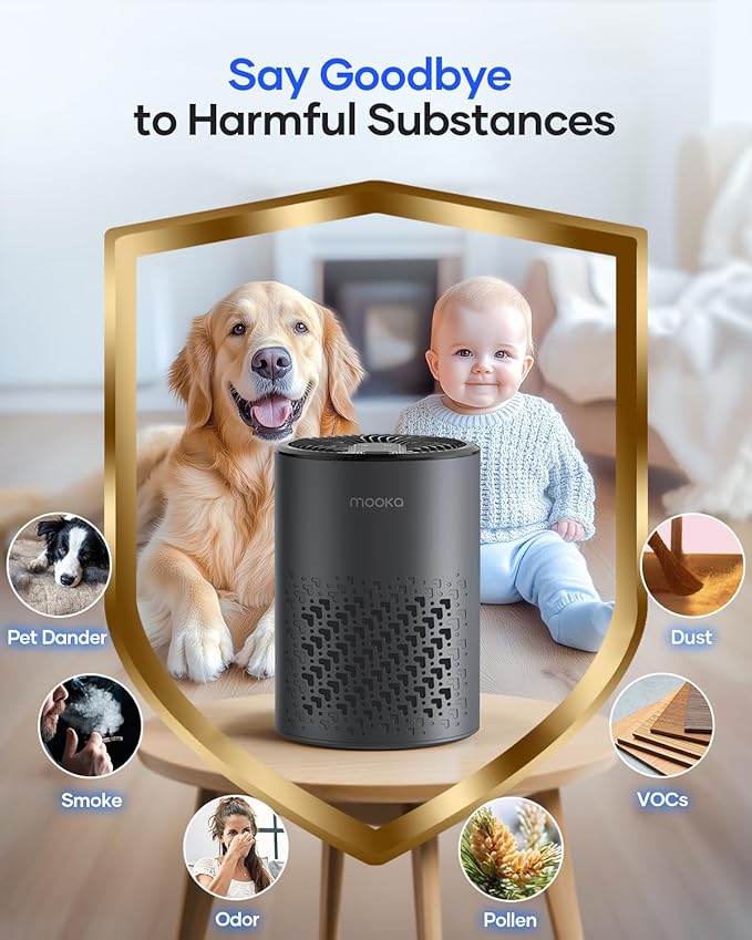 Air Purifiers for Bedroom Home, MOOKA HEPA Air Purifier for Home Pets with Fragrance Sponge for Smoke Dust Pollen Dander Odor, Small Air Cleaner with Sleep Mode Night Light Timer, KJ067L (Grey)
