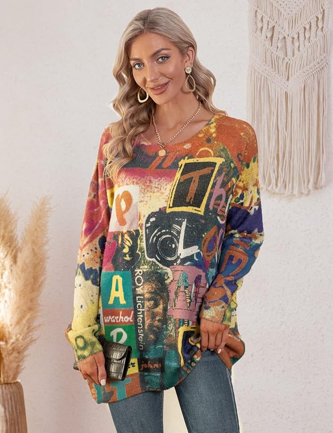 YESNO Women Christmas Sweater Graphic Printed Oversized Pullover Sweaters Casual Loose Knit Tops S01